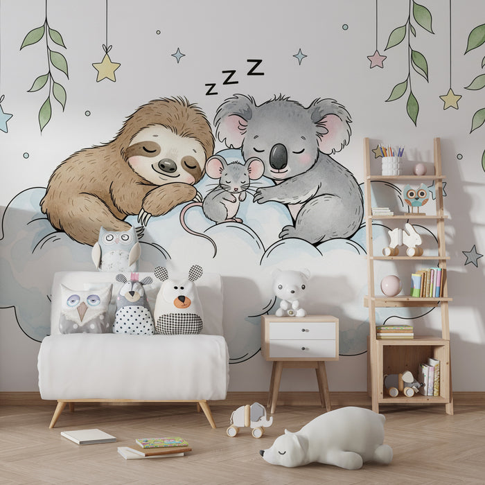 Kinderzimmer Tapete | Drei schlafende Tiere auf einer Wolke