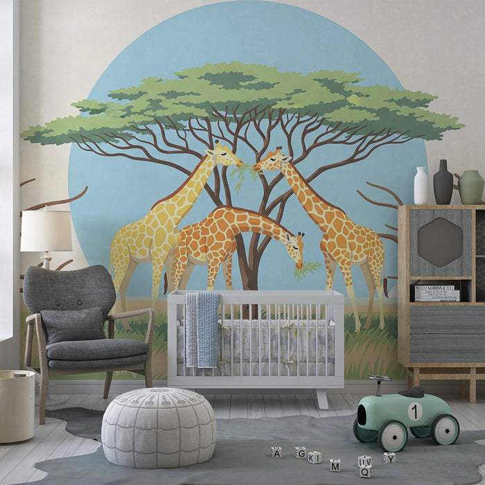 Kinderzimmer Tapete | Drei Giraffen unter einem Baum in der Savanne