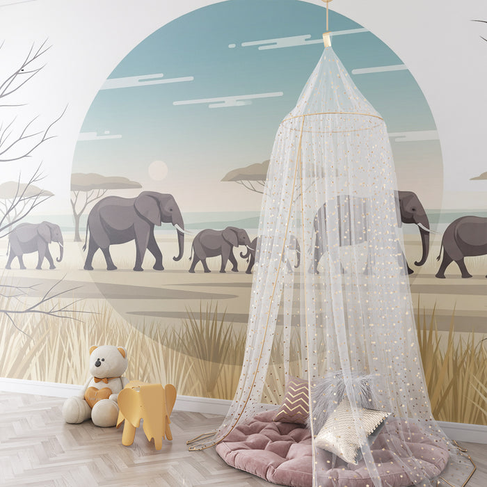 Børneværelse tapet | Elefantflokk i savannen ved solnedgang