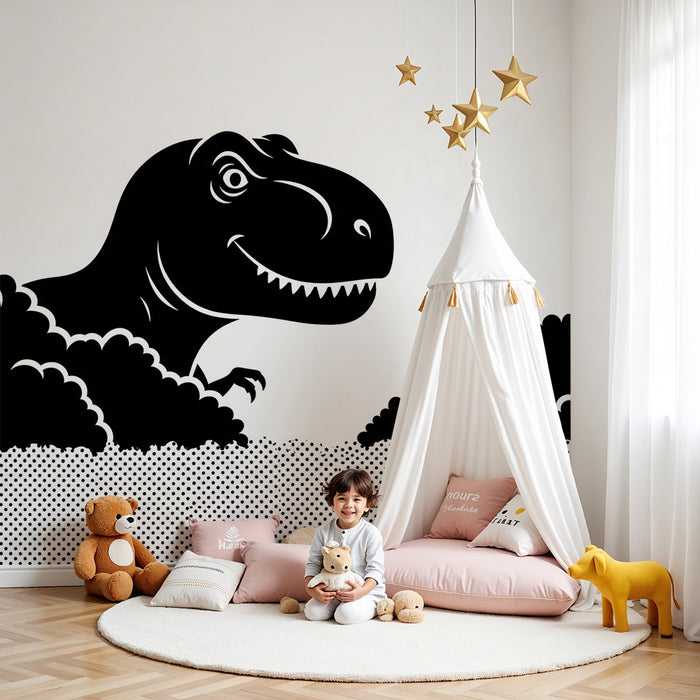 Behang kinderkamer | Speelse T-rex die uit de wolken komt