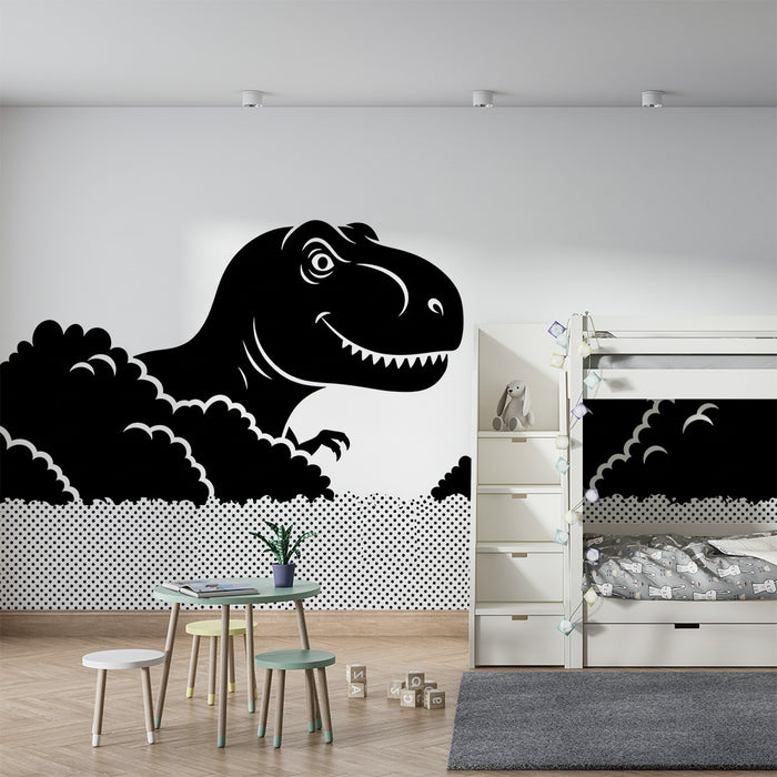 Behang kinderkamer | Speelse T-rex die uit de wolken komt