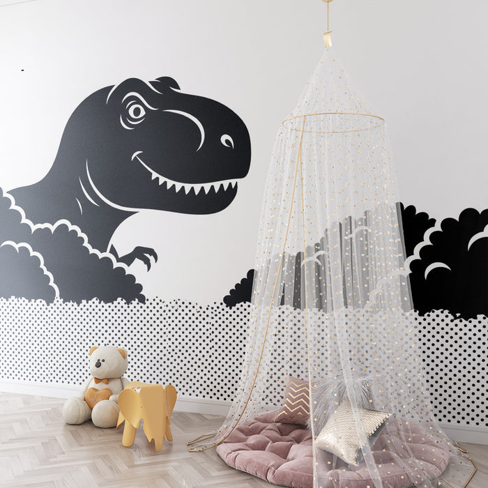 Behang kinderkamer | Speelse T-rex die uit de wolken komt