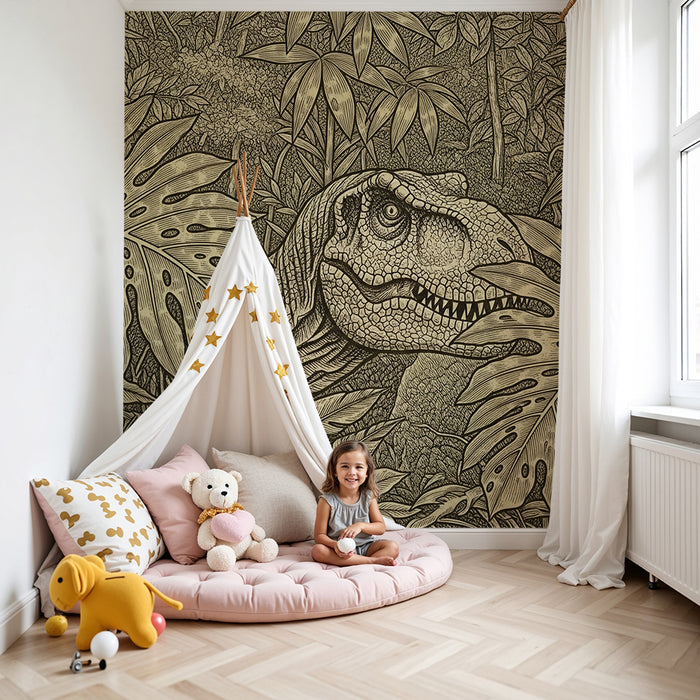 Kids room wallpaper | Skriti tiranozaver v bujnem džungelskem okolju