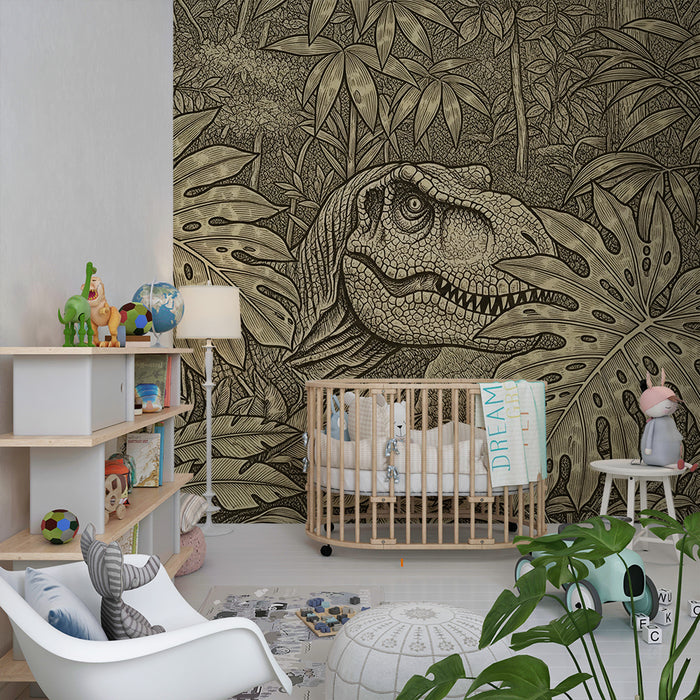 Kids room wallpaper | Skriti tiranozaver v bujnem džungelskem okolju