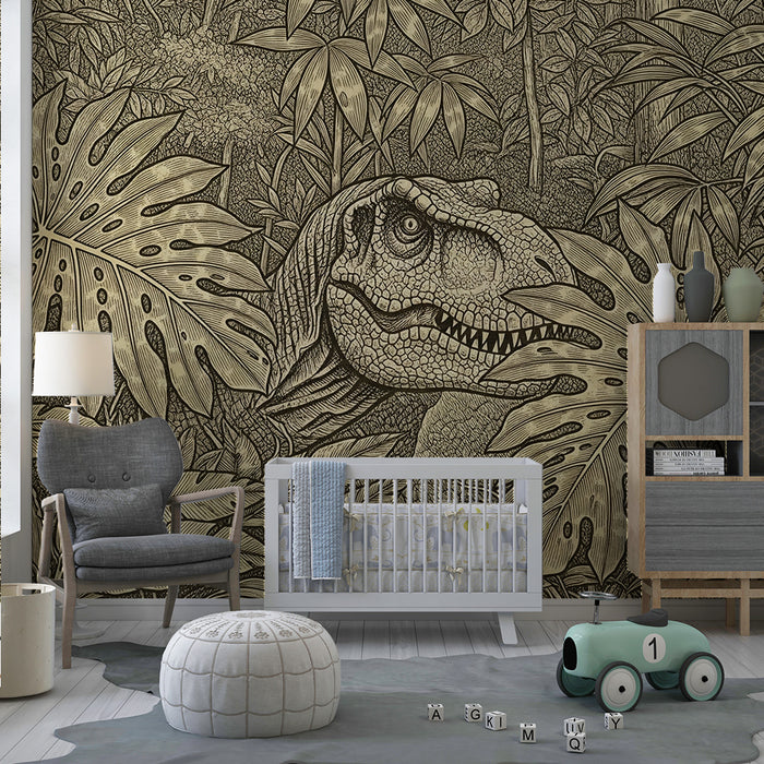 Kids room wallpaper | Skriti tiranozaver v bujnem džungelskem okolju
