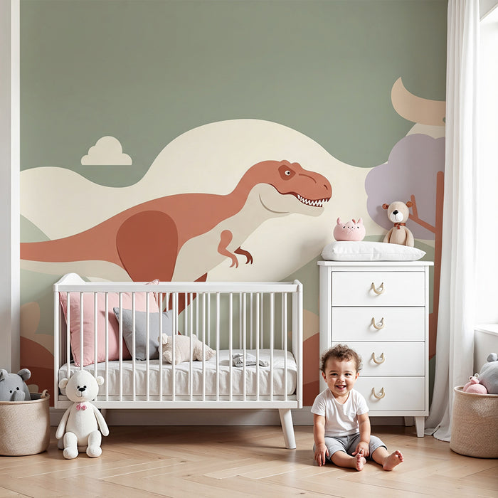 Gyerekszoba tapéta | Tiranózaurusz egy színes és játékos tájban