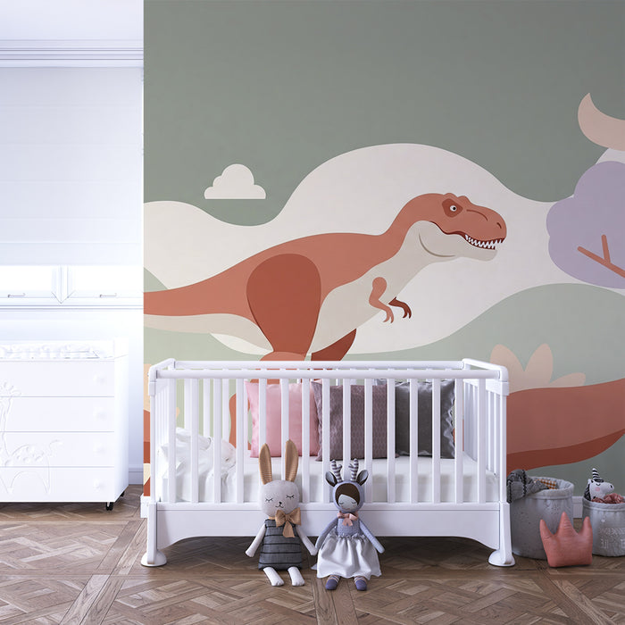 Gyerekszoba tapéta | Tiranózaurusz egy színes és játékos tájban