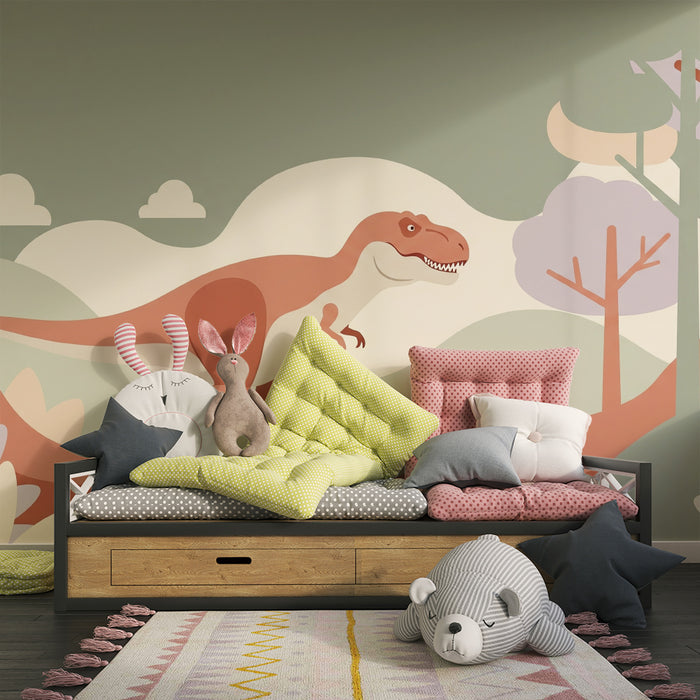 Gyerekszoba tapéta | Tiranózaurusz egy színes és játékos tájban