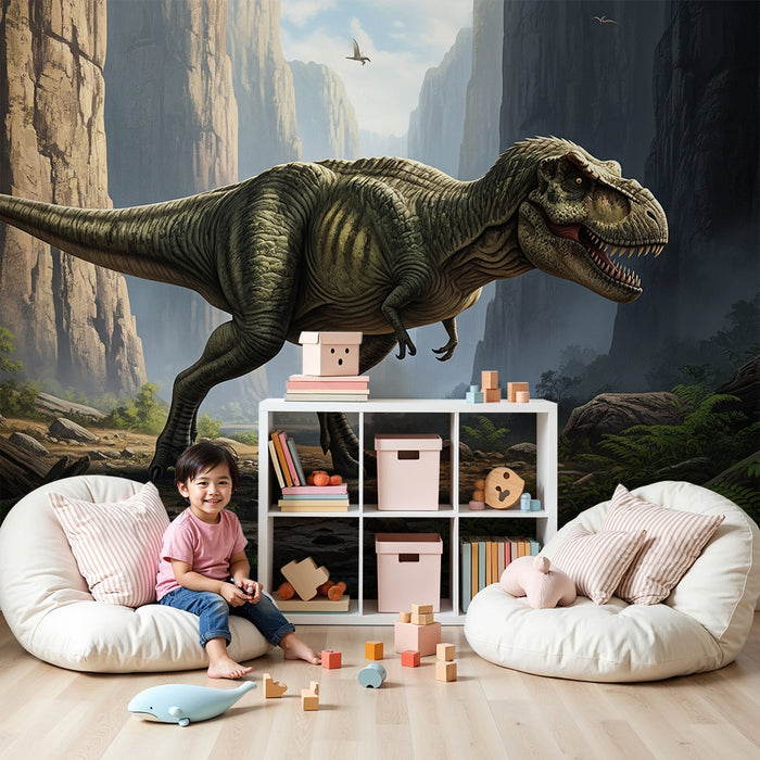 Papel pintado infantil | Tiranosaurio en un paisaje prehistórico