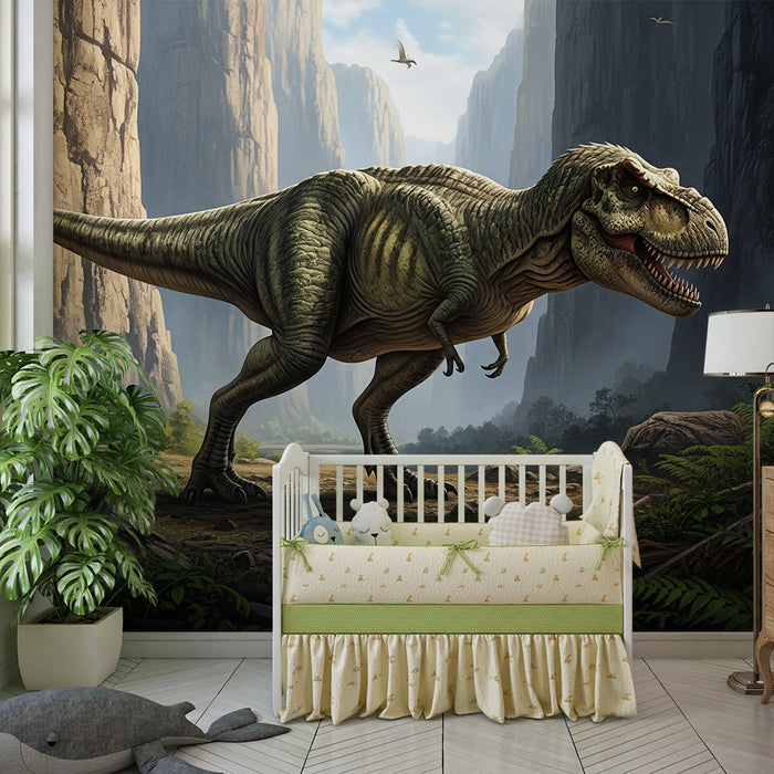 Papel pintado infantil | Tiranosaurio en un paisaje prehistórico