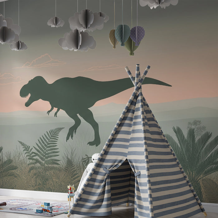 Carta da parati bambini | Tirannosauro in un paesaggio preistorico rilassante