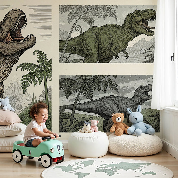 Kinderzimmer Tapete | Tyrannosaurus und prähistorischer Dschungel in Vintage-Illustrationen