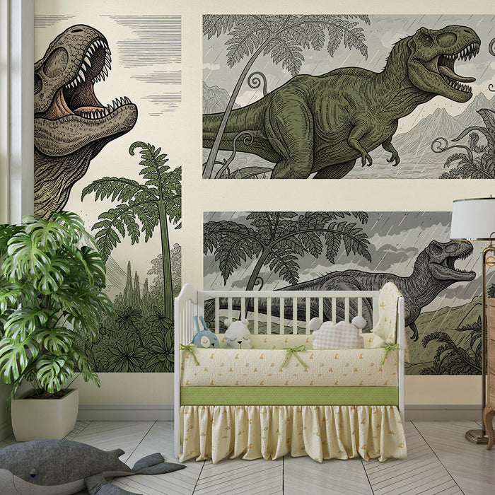 Kinderzimmer Tapete | Tyrannosaurus und prähistorischer Dschungel in Vintage-Illustrationen