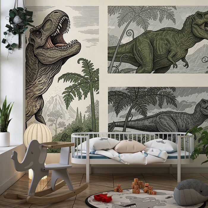 Kinderzimmer Tapete | Tyrannosaurus und prähistorischer Dschungel in Vintage-Illustrationen