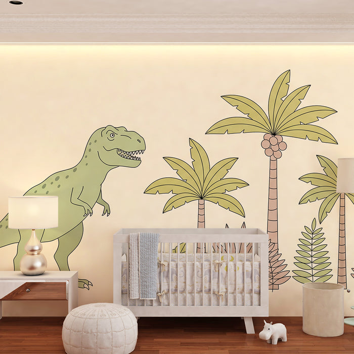 Detská izba tapeta | Tyrannosaurus a palmové stromy v hravom dizajne