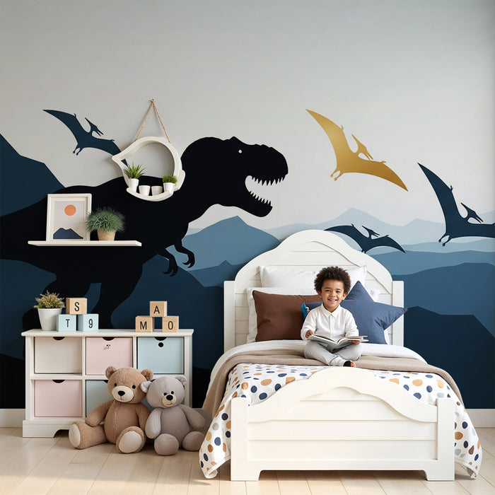 Gyermekszoba tapéta | Tiranoszaurusz és pteroszauruszok hegyek hátterében