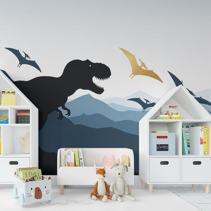 Gyermekszoba tapéta | Tiranoszaurusz és pteroszauruszok hegyek hátterében