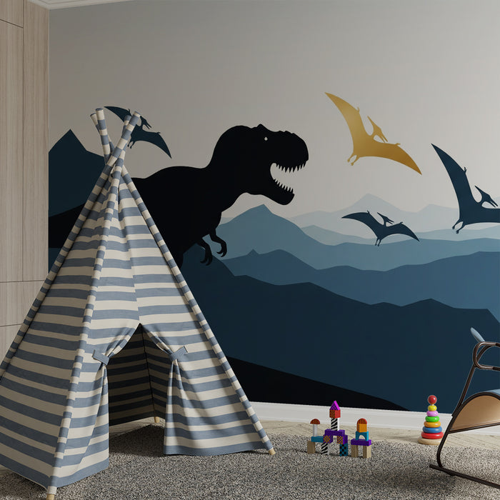 Gyermekszoba tapéta | Tiranoszaurusz és pteroszauruszok hegyek hátterében