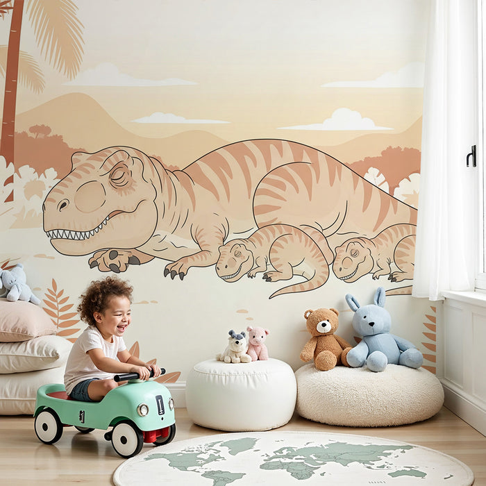Gyermekszoba tapéta | Tiranózaurusz és kicsinyei egy őstörténeti környezetben
