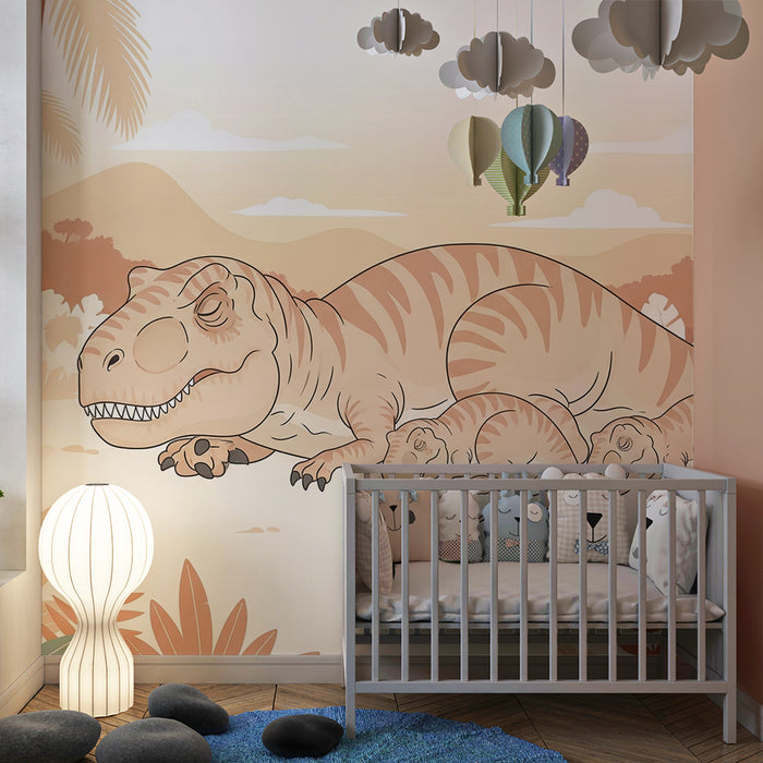 Gyermekszoba tapéta | Tiranózaurusz és kicsinyei egy őstörténeti környezetben