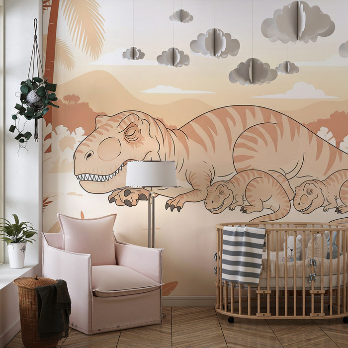 Gyermekszoba tapéta | Tiranózaurusz és kicsinyei egy őstörténeti környezetben