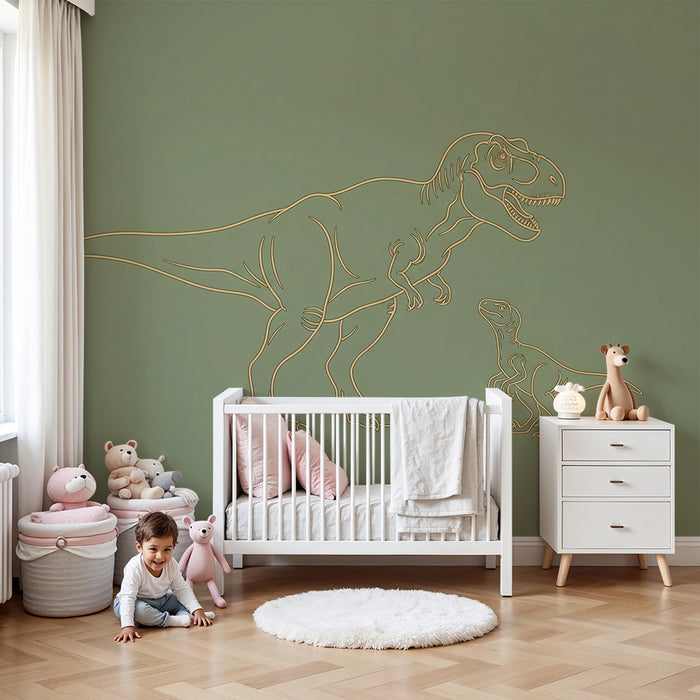 Gyerekszoba tapéta | Tiranózaurusz és kicsinye puha zöld háttéren
