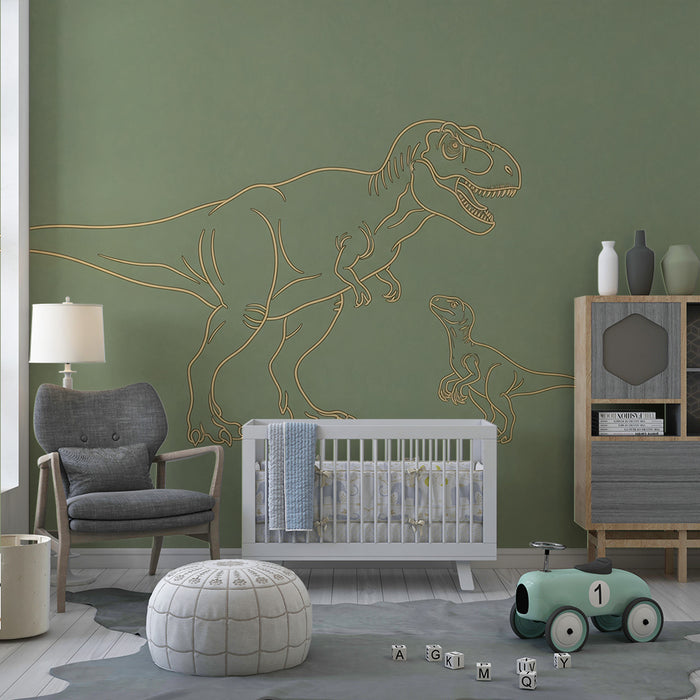 Gyerekszoba tapéta | Tiranózaurusz és kicsinye puha zöld háttéren