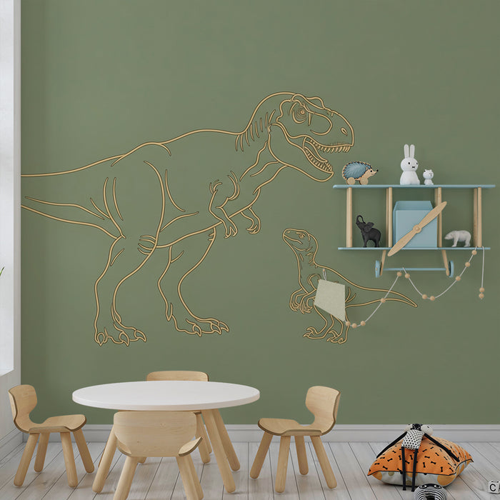 Gyerekszoba tapéta | Tiranózaurusz és kicsinye puha zöld háttéren