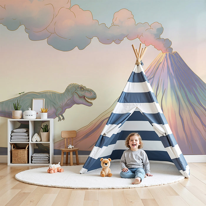 Gyermekszoba tapéta | Tiranózaurusz és színes vulkán egy ősi tájban