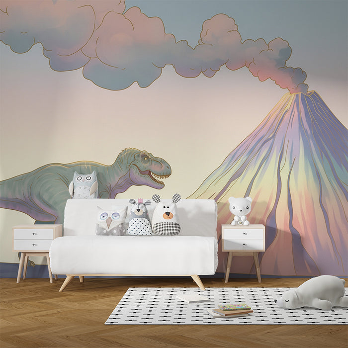 Gyermekszoba tapéta | Tiranózaurusz és színes vulkán egy ősi tájban