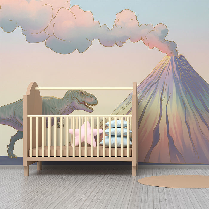 Gyermekszoba tapéta | Tiranózaurusz és színes vulkán egy ősi tájban