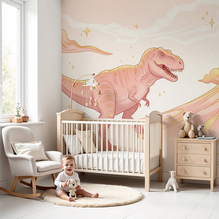 Barntapet | Tyrannosaurus och vulkaner mot en rosa stjärnhimmel