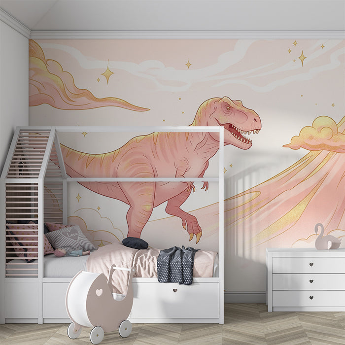 Barntapet | Tyrannosaurus och vulkaner mot en rosa stjärnhimmel