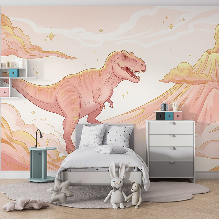 Barntapet | Tyrannosaurus och vulkaner mot en rosa stjärnhimmel