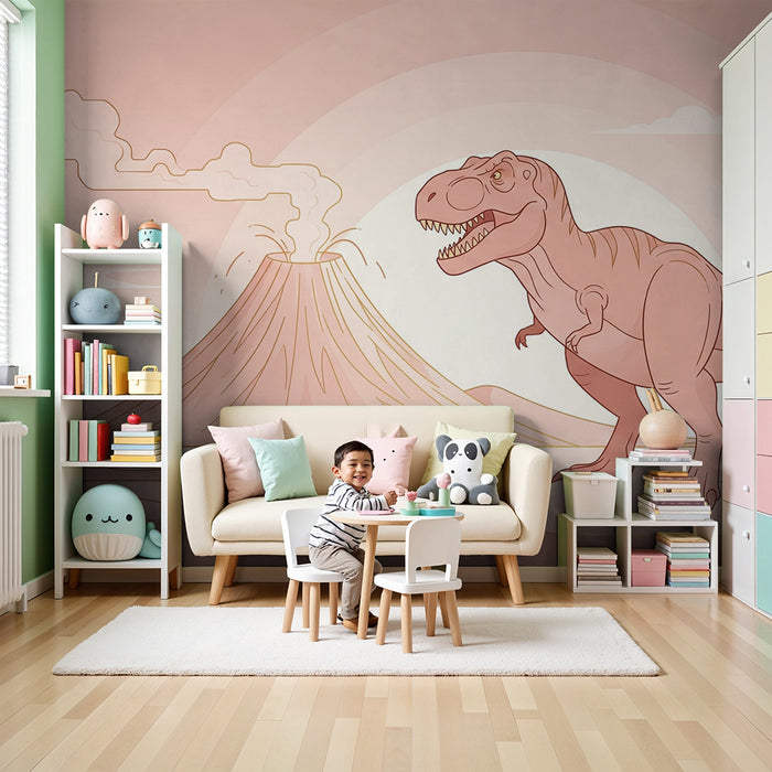 Gyerek szoba tapéta | Tiranózaurusz és vulkán egy ősi tájban
