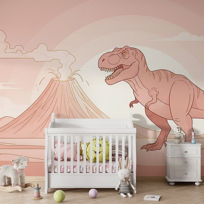 Gyerek szoba tapéta | Tiranózaurusz és vulkán egy ősi tájban