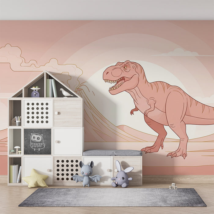 Gyerek szoba tapéta | Tiranózaurusz és vulkán egy ősi tájban