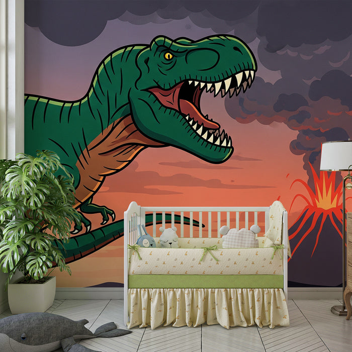 Tapeta do pokoju dziecięcego | Tyranozaur i wybuchający wulkan w prehistorycznym krajobrazie