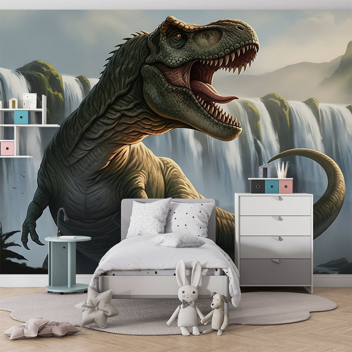 Kids' Room Wallpaper | Majestic Tyrannosaurus by a Waterfall