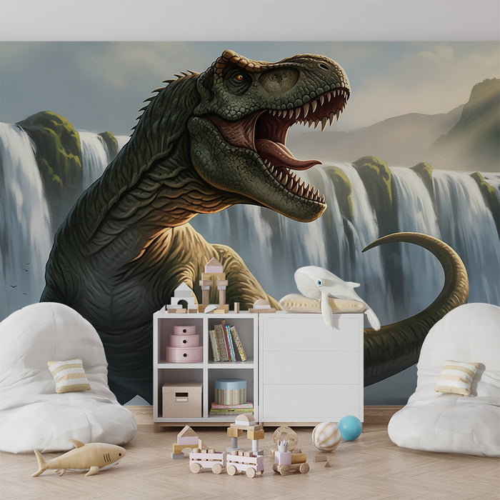 Kids' Room Wallpaper | Majestic Tyrannosaurus by a Waterfall