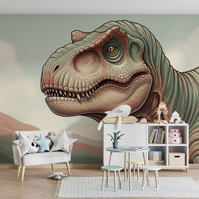 Gyermekszoba tapéta | Méltóságteljes t-rex egy őskori tájban