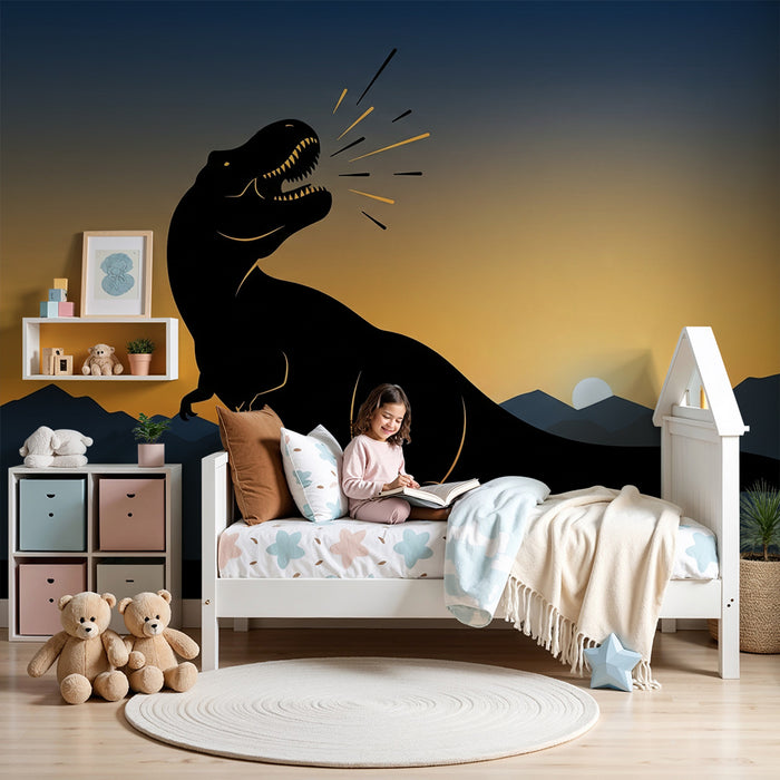 Carta da parati bambini | Tirannosauro ruggente al tramonto