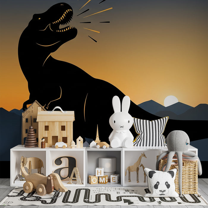 Carta da parati bambini | Tirannosauro ruggente al tramonto