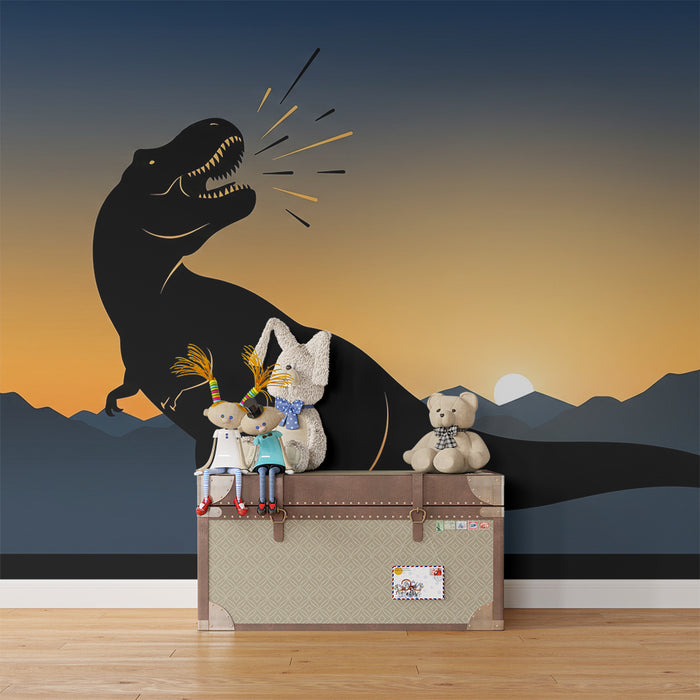 Carta da parati bambini | Tirannosauro ruggente al tramonto