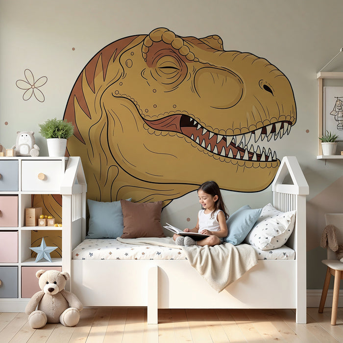 Papel de parede criança | Tyrannosauro sorridente num cenário pastel
