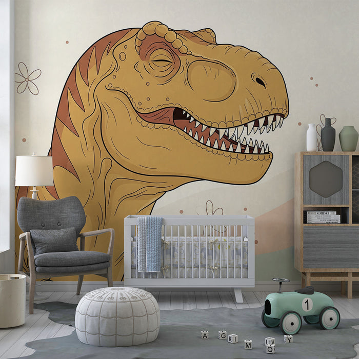 Papel de parede criança | Tyrannosauro sorridente num cenário pastel