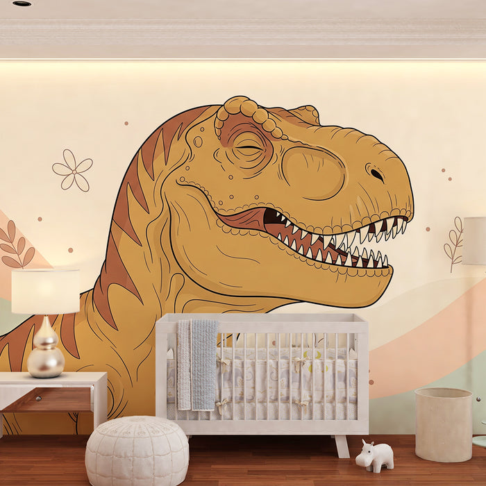 Papel de parede criança | Tyrannosauro sorridente num cenário pastel