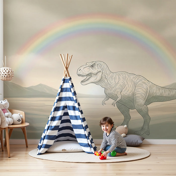 Gyermekszoba tapéta | Tirannoszaurusz szivárvány alatt egy ősi tájban