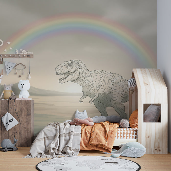 Gyermekszoba tapéta | Tirannoszaurusz szivárvány alatt egy ősi tájban