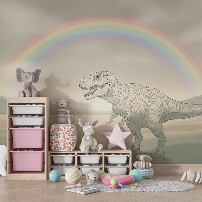 Gyermekszoba tapéta | Tirannoszaurusz szivárvány alatt egy ősi tájban